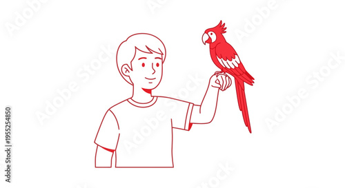 Boy holding red parrot on his hand illustration