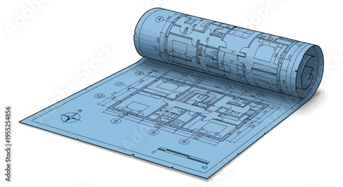 Blue architectural blueprint floor plan partially rolled up paper