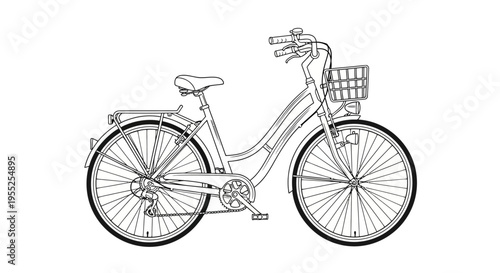 Black and white line art drawing of a classic city bicycle