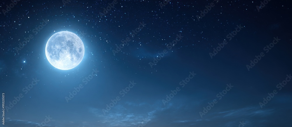 Fototapeta premium Bright full moon glowing on the left of deep blue night sky with soft clouds and countless tiny stars, serene midnight scenery for peaceful themed design
