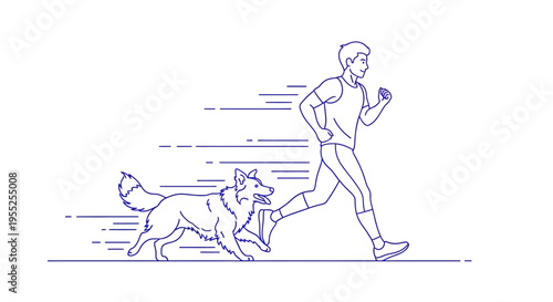 Active man running with dog in clean line art