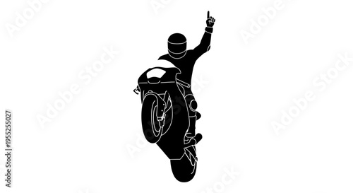 Silhouette of a racer performing a wheelie with a victory finger gesture