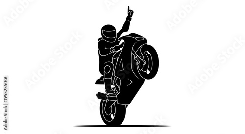 Back view silhouette of a motorcycle racer doing a wheelie on track