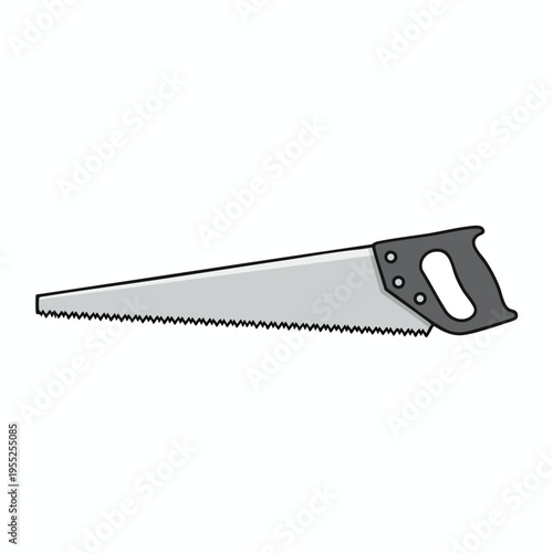 A hand saw with a grey handle and metal blade with sharp teeth