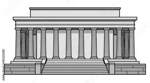 Detailed outline drawing of a classical ancient Greek or Roman temple with multiple columns, a roof, and steps on an isolated white background.
