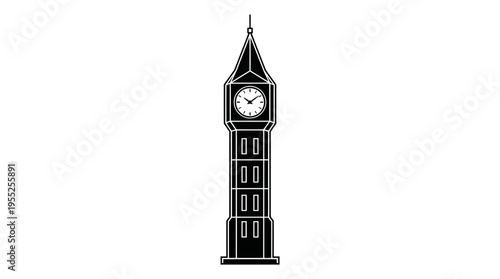 Solid black silhouette of Big Ben clock tower with a sharp spire on an isolated white background.