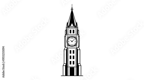 Outline drawing of Big Ben clock tower with a sharp spire on an isolated white background.