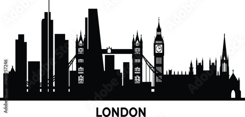 London city skyline silhouette featuring Tower Bridge, Big Ben and historic architecture, famous United Kingdom landmarks urban cityscape vector illustration isolated on white backgroun