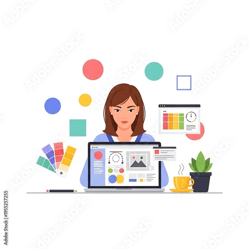 Flat Vector Illustration of Graphic Designer at Workspace for Web