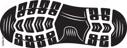 Rugged boot footprint vector illustration, black shoe sole print with heavy tread pattern, industrial work boot track isolated on white