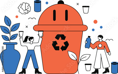 Recycling Waste Management Concept with People Sorting Plastic and Paper for Sustainable Environment Flat Vector Illustration