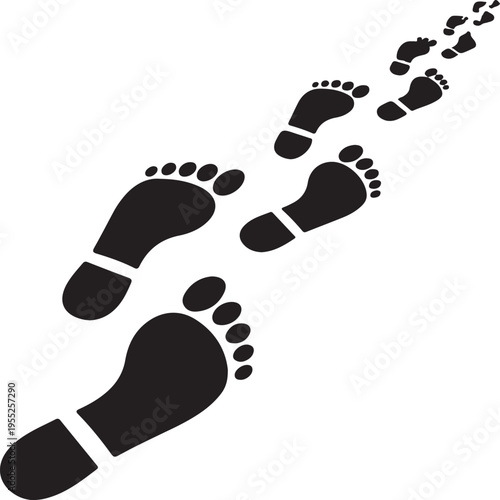 Minimalist black footprint trail on white background, human foot prints walking path, silhouette track vector illustration eps