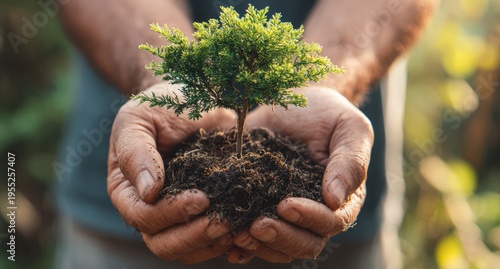 Hands holding a small plant with soil, symbolizing growth and environmental care.