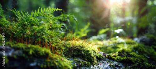 Vibrant Green Moss and Ferns in a Sunlit Forest with Soft Focus Background.