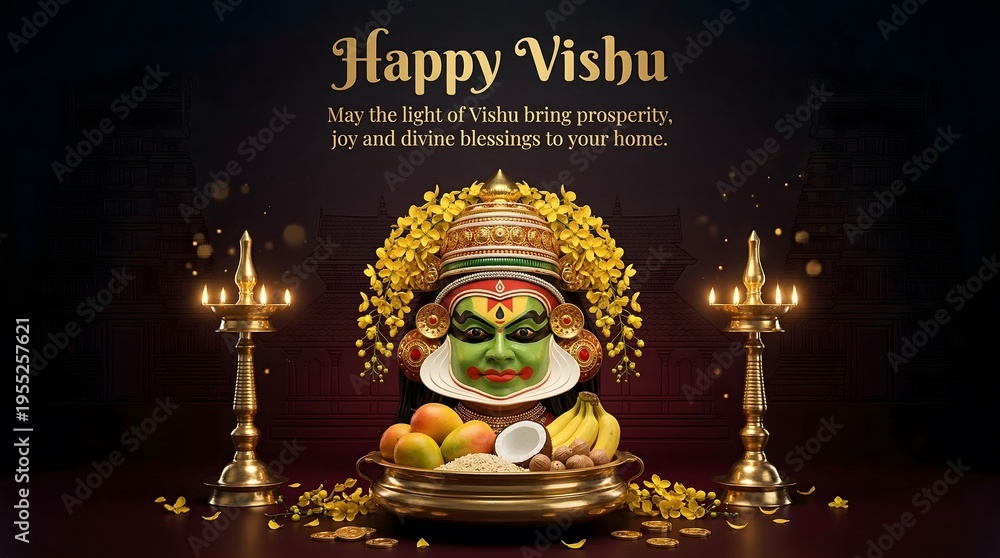 Naklejka premium Traditional indian vishu festival face decoration with candles and fruits