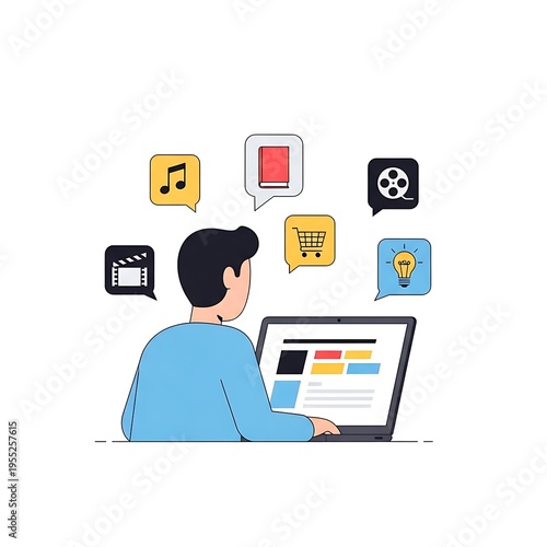 Flat Vector Illustration of a Man Using Laptop for Online Activities