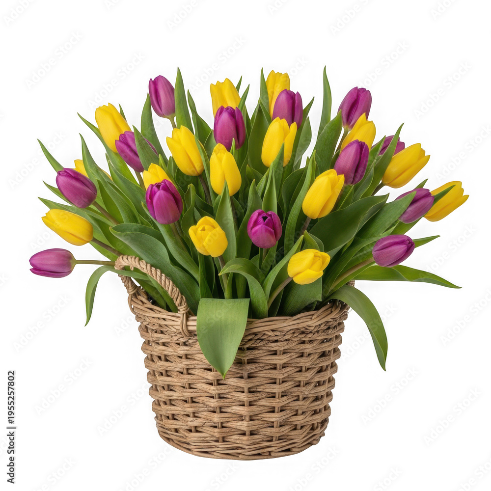 Obraz premium A bouquet of yellow and purple tulips in a basket isolated on transparent background