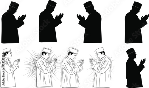 Muslim Man Silhouette and Line Art Vector Collection Praying and Making Dua Wearing Songkok Peha for Islamic Religious Design Projects