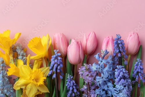 Vibrant Spring Flowers on Pink Background with Tulips Daffodils and Muscari.