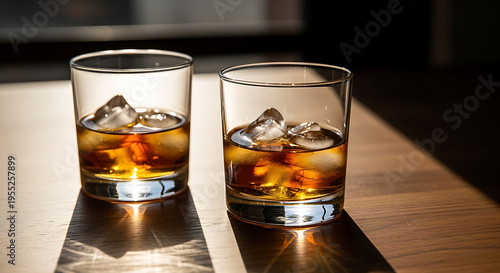 Two glasses of amber liquid with ice beautifully lit on transparent background