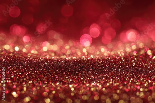Vibrant Red Glitter Sparkle Background with Bokeh Lights.