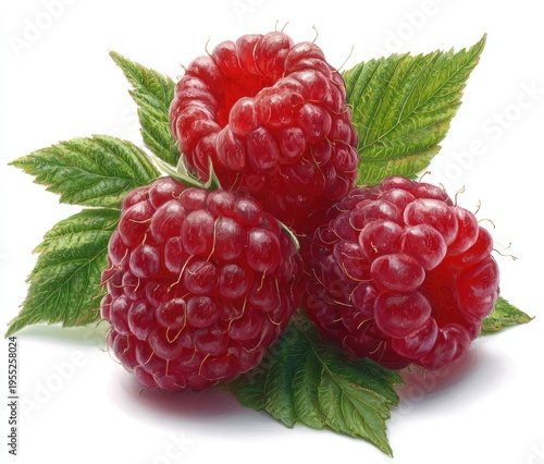 Fresh Red Raspberries with Green Leaves Isolated on White Background.