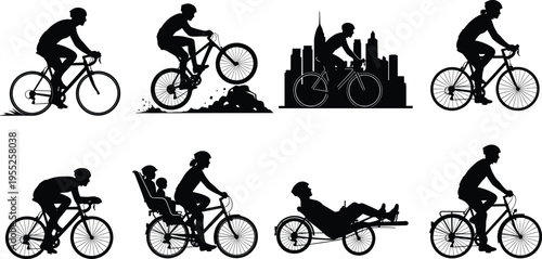 Set of black silhouettes of diverse cyclists including mountain bikers, road racers, urban commuters, recumbent riders, and family with children.