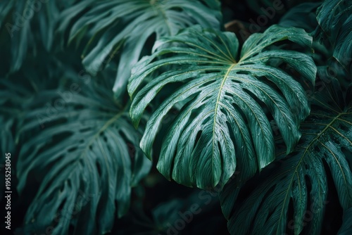 Lush Green Monstera Deliciosa Leaves in a Tropical Garden.