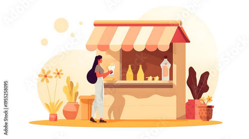 Woman buying plants from colorful market stall with flowers and potions.