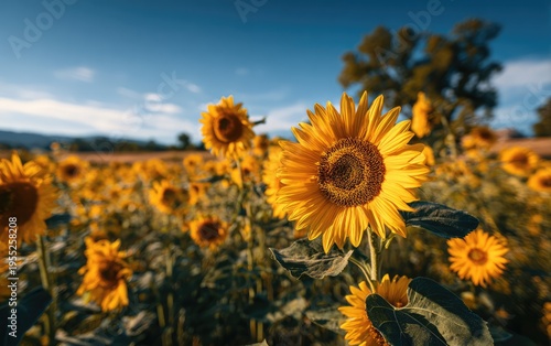 Vibrant Sunflower Field Under a Clear Blue Sky on a Sunny Day.