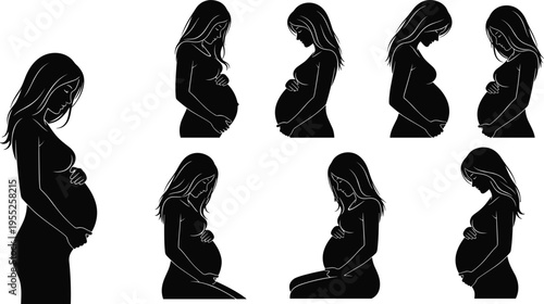 Set of pregnant woman silhouettes in various poses and profiles representing motherhood maternity health prenatal care and beautiful female pregnancy figures