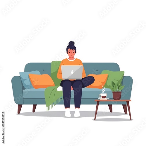 Flat Vector Illustration of Woman Working from Home for Web Use