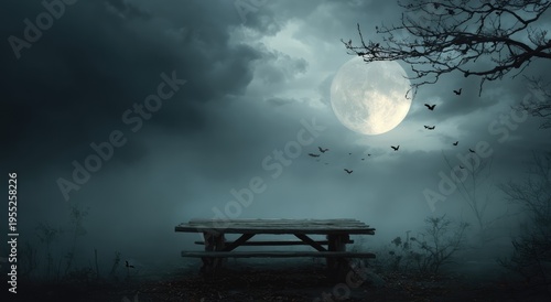 Mysterious Full Moon Night with Empty Bench and Silhouetted Trees.
