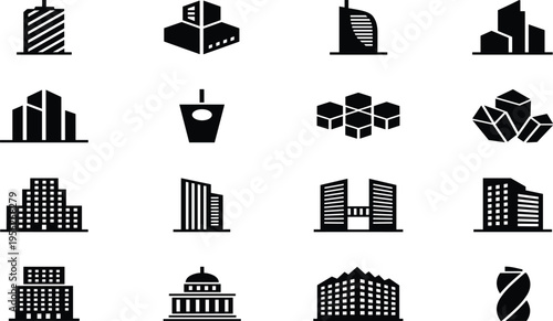 Modern building and architecture icon set with office towers, urban structures and city property symbols, minimalist black vector collection isolated on white background