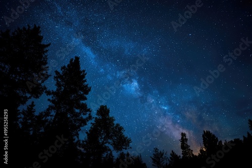 Stunning Night Sky with Milky Way and Silhouetted Pine Trees.