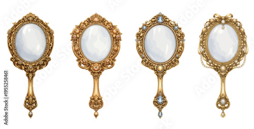 A luxurious collection of ornate watercolor hand mirrors with antique golden frames, featuring elegant vintage vanity mirrors decorated with pearls, gemstones, and floral details isolated.