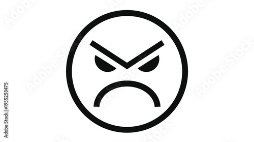 Angry Face Emoji with Downward Slant Eyes and Frowning Mouth, Isolated White Background.