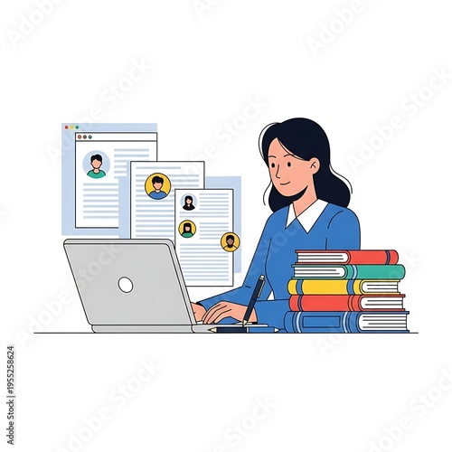Flat Vector Illustration of Teacher with Laptop for Online Education