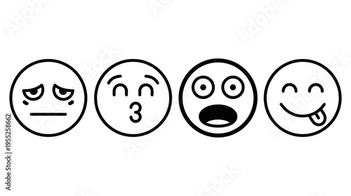 Emotion Expressed: A quartet of minimalist emoticons vividly depicts a range of emotions, from mild dissatisfaction to gleeful delight, using simple yet expressive linework.