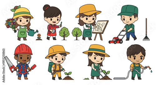 Cartoon gardeners with tools working.