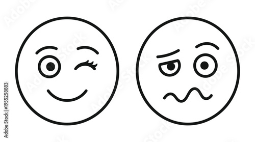 Happy Winking and Worried Stressed Emoji Faces Illustration on Isolated White Background