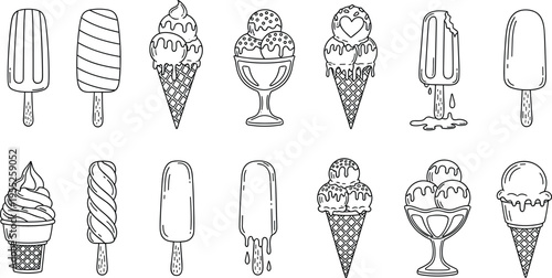 Ice Cream and Popsicle Outline Icon Set with Cones Sundae Cups and Frozen Desserts Vector Collection