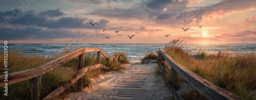 Serene Sunset Over Ocean with Wooden Boardwalk and Flying Birds.