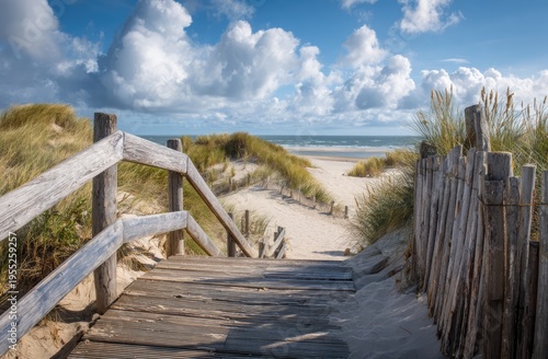 Wooden Walkway Leading to a Serene Sandy Beach with Dunes and Blue Sky.