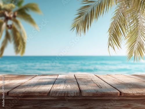Empty Wooden Table with Tropical Beach and Ocean Background.