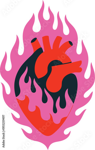 Stylized human anatomical heart with red and dark blue tones surrounded by bright pink fire