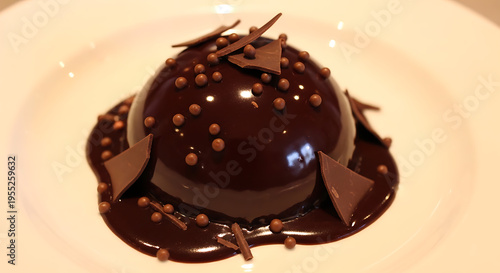 A glossy chocolate dome dessert with chocolate pearls and shards on transparent background