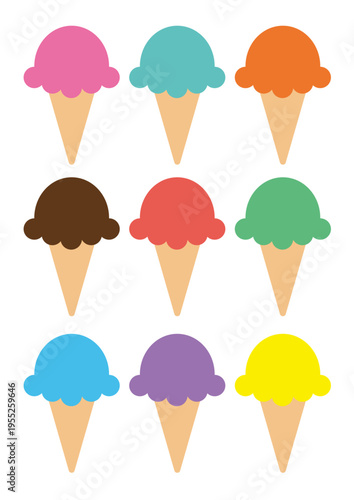 Colorful ice cream cone illustration set - Nine assorted flavors in flat vector style on white background
