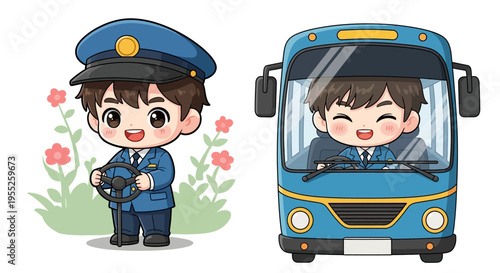 Bus Driver Cartoon Character Smiling.