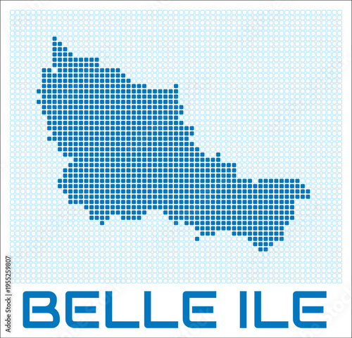 Belle Ile digital style map with blue rounded rectangle dots. France. Dotted shape of the island. Belle Ile blue colored map and title on white background. Creative Vector Illustration.